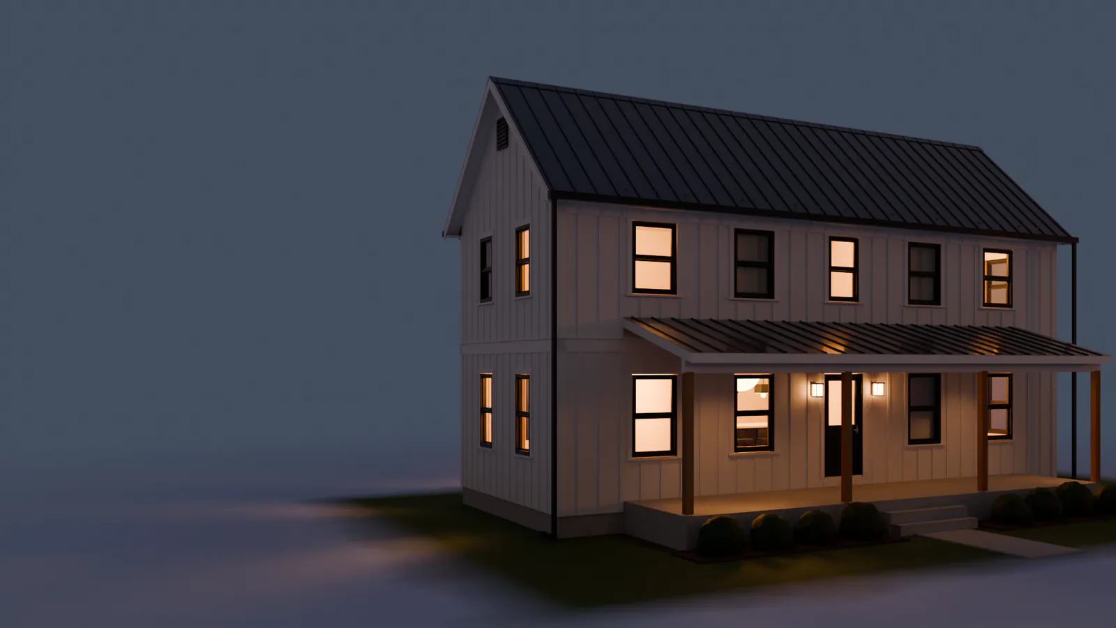 A house going up, from the empty lot to the lights coming on at dusk