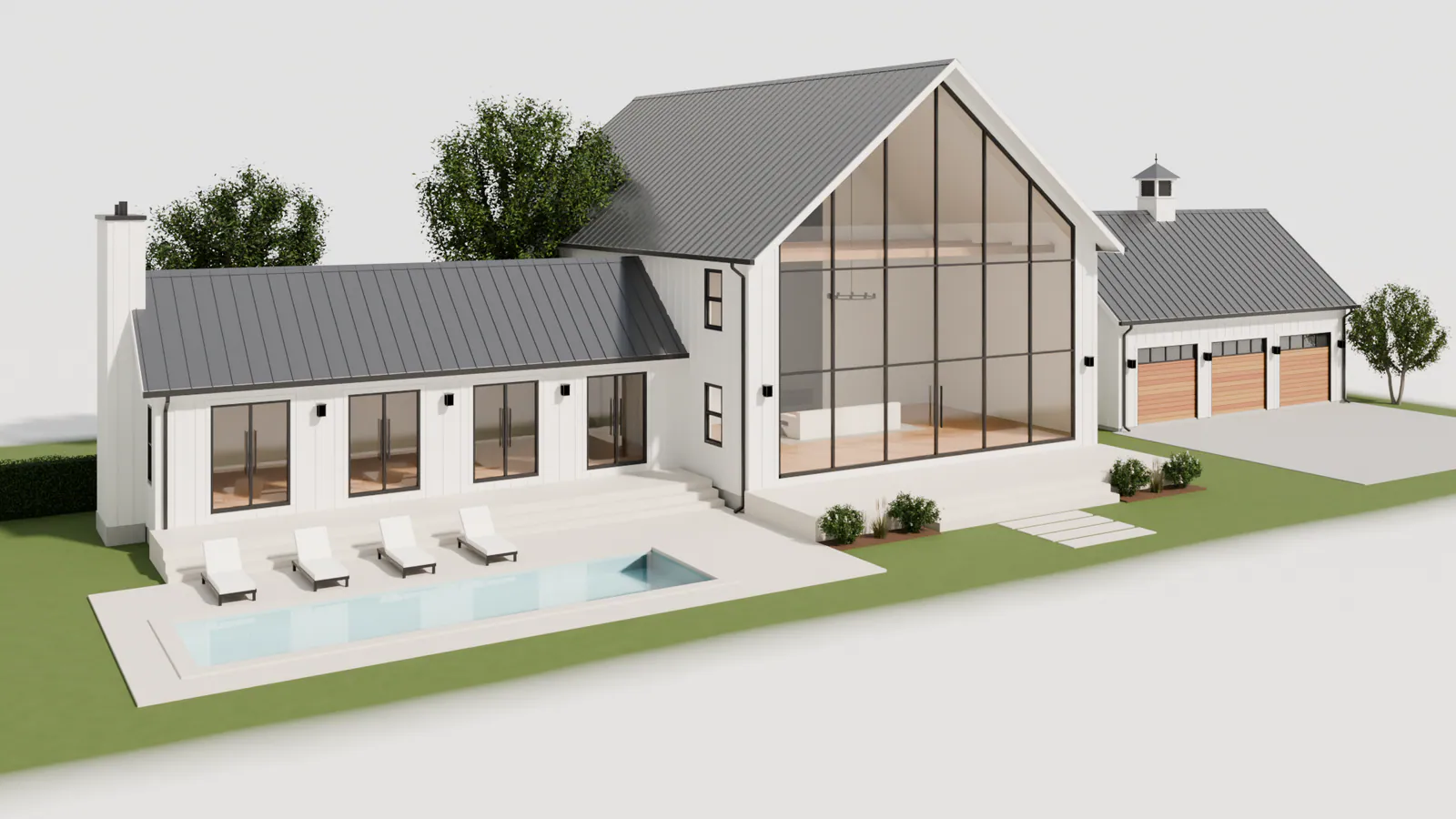 Sample render: a large house with a glass gable and a pool